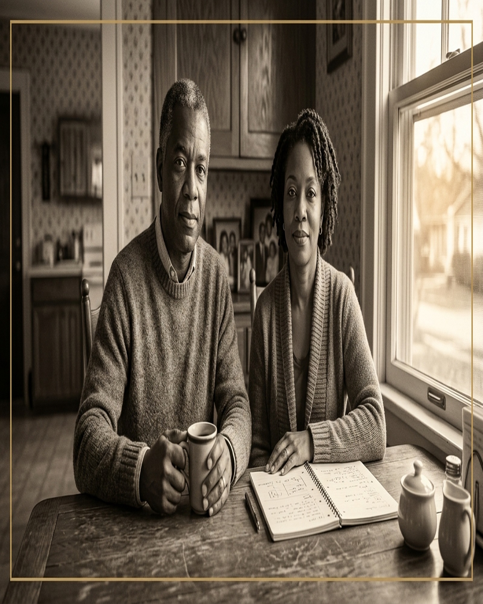 A Black couple at a worn oak kitchen table in a Fort Wayne home, the wife with a hand resting on an open notebook, both looking toward camera with quiet pride