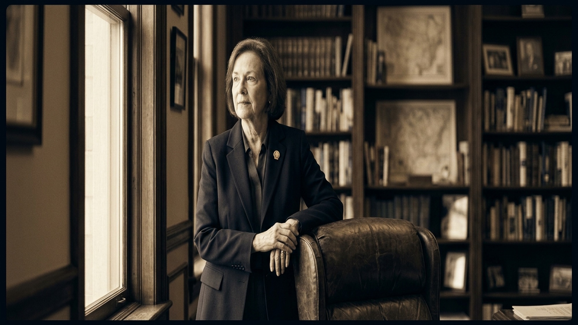 Diana Haley standing beside a tall window in her Fort Wayne office, navy blazer, gold lapel pin, hands resting on the back of a leather chair