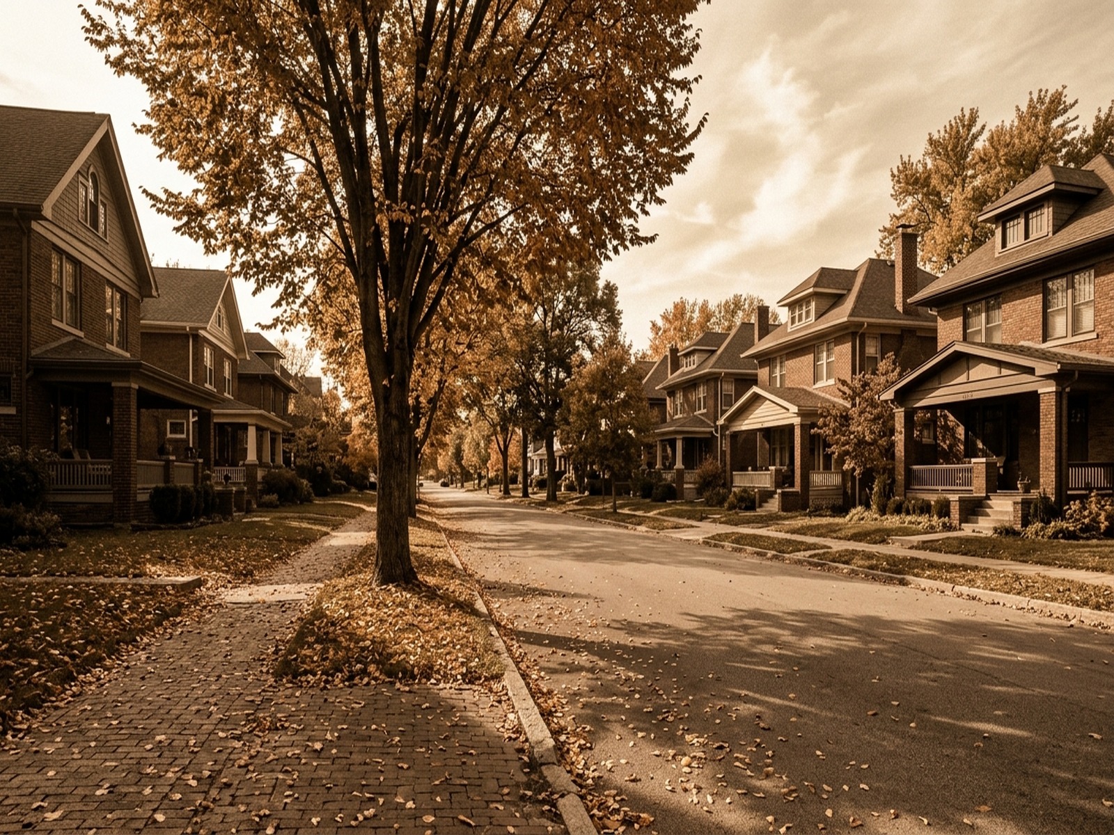 A quiet Fort Wayne residential street in early autumn, brick sidewalk and craftsman porches in sepia light