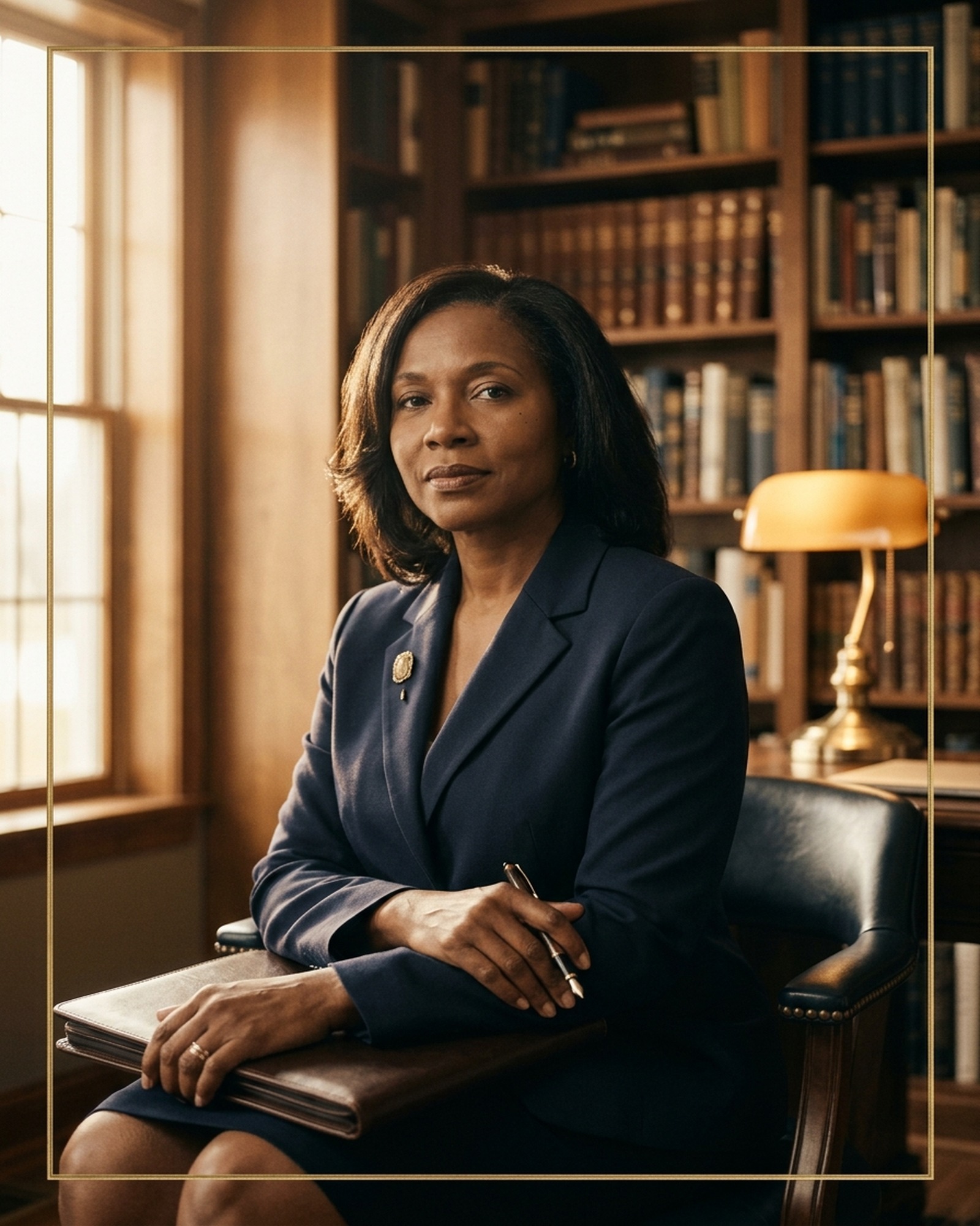 Diana Haley, founder, seated three-quarter in a warmly lit Fort Wayne office in a navy blazer with a gold lapel pin, hands folded over a leather portfolio