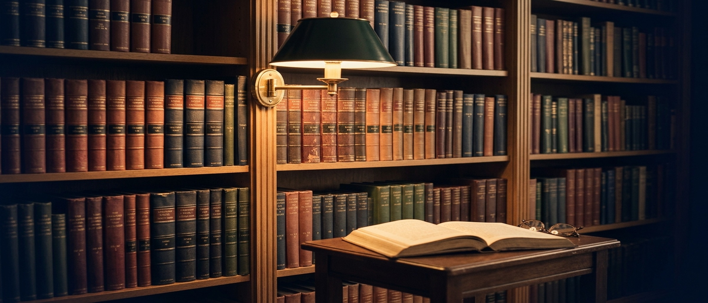 A reading-room bookshelf with leather-bound volumes in oxblood and navy, a brass lamp casting warm amber light