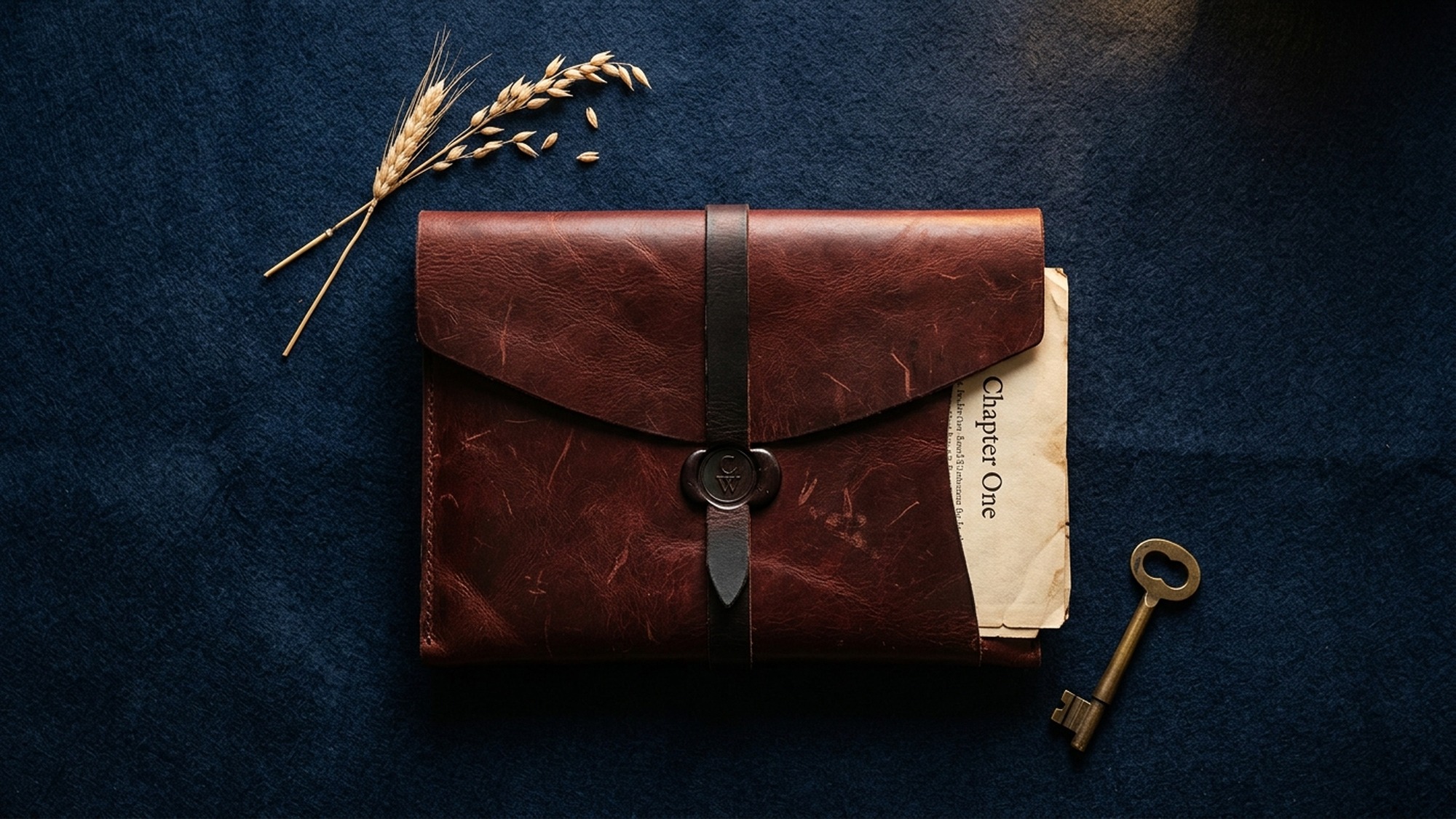 A closed oxblood leather portfolio on navy felt with a fountain pen and a folded document