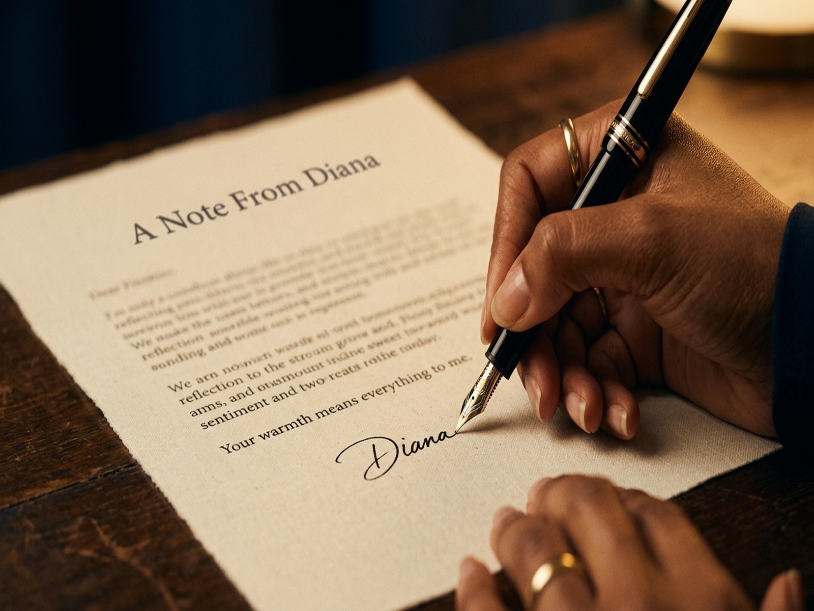 A hand signing a typed letter on cream linen paper with a fountain pen, warm light and deep navy shadows