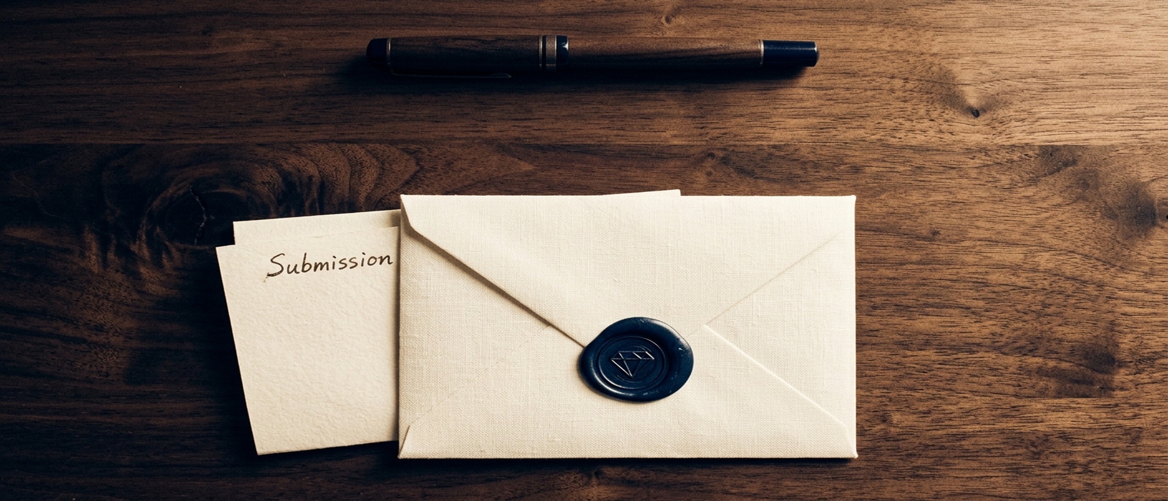A cream linen envelope sealed with a navy wax seal embossed with a diamond, a fountain pen and a folded submission document on a walnut desk