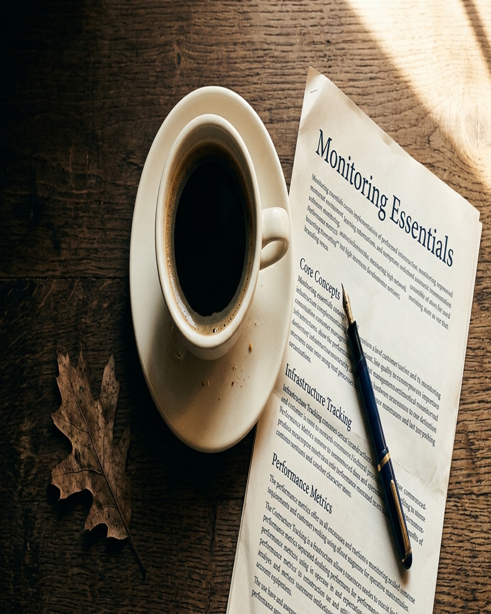 Overhead detail of a porcelain cup of black coffee, a folded page titled Monitoring Essentials, a fountain pen across the page, a single oak leaf