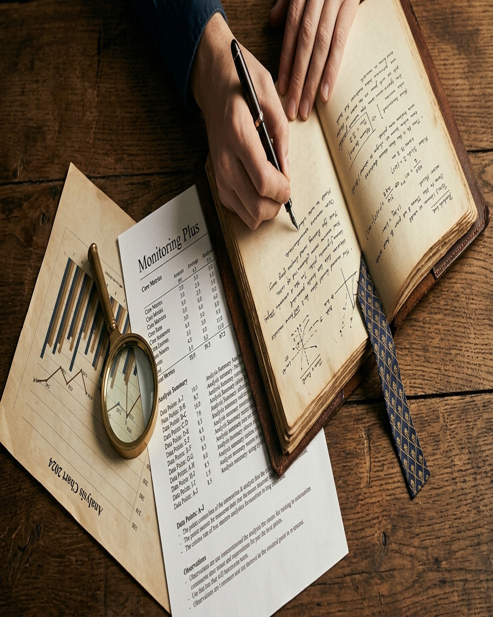 Overhead detail of a hand writing in a leather notebook beside a Monitoring Plus page, a brass magnifying glass on a printed chart